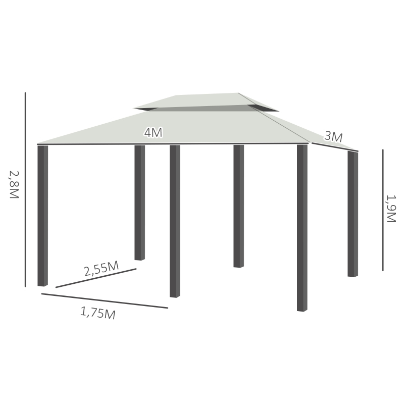Outsunny Gartenpavillon 4 x 3m Pavillon Gartenzelt mit Seitenwänden, Festzelt mit Doppeldach, Partyzelt mit LED Licht, UV-Schutz, Stahl Polyester Cremeweiß