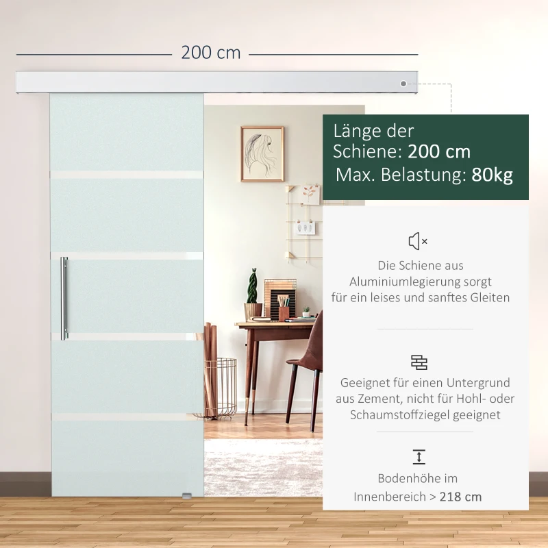 HOMCOM Schiebetür Komplettset Zimmertür 77,5 x 205 cm Wandmontage Schiebetürsystem mit Laufschiene Innentüren Komplett-Set für Schiebetüren Trennwände, Milchglas Streifen
