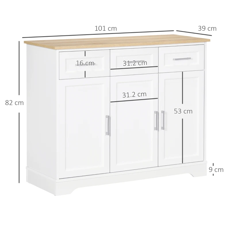 HOMCOM Credenza Moderna in MDF e Truciolato con Ripiano Regolabile, 3 Cassetti e 3 Ante, 101x39x82 cm, Bianco