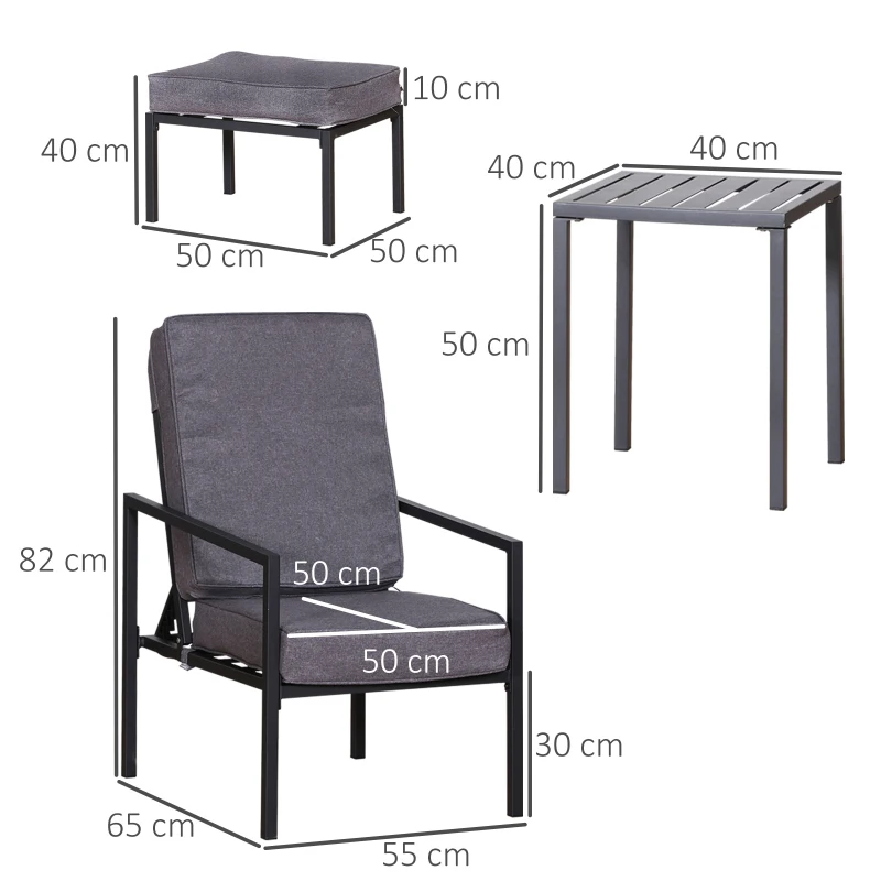 Outsunny Set 2 Sezlonguri cu Suporturi pentru Picioare Perne si Masuta din Metal si Poliester Gri si Negru