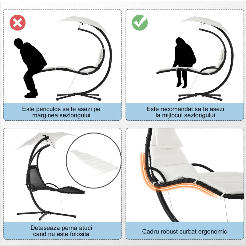 Outsunny Sezlong Leagan Suspendat Relax Șezlong de Lux cu Acoperis, Crem