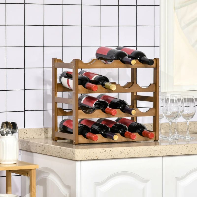 HOMCOM Free Standing Bamboo Wine Rack with 16 Bottles Holder, 4-tier Water Bottle Organizer, Display Shelf for Countertop, Home Bar, Brown