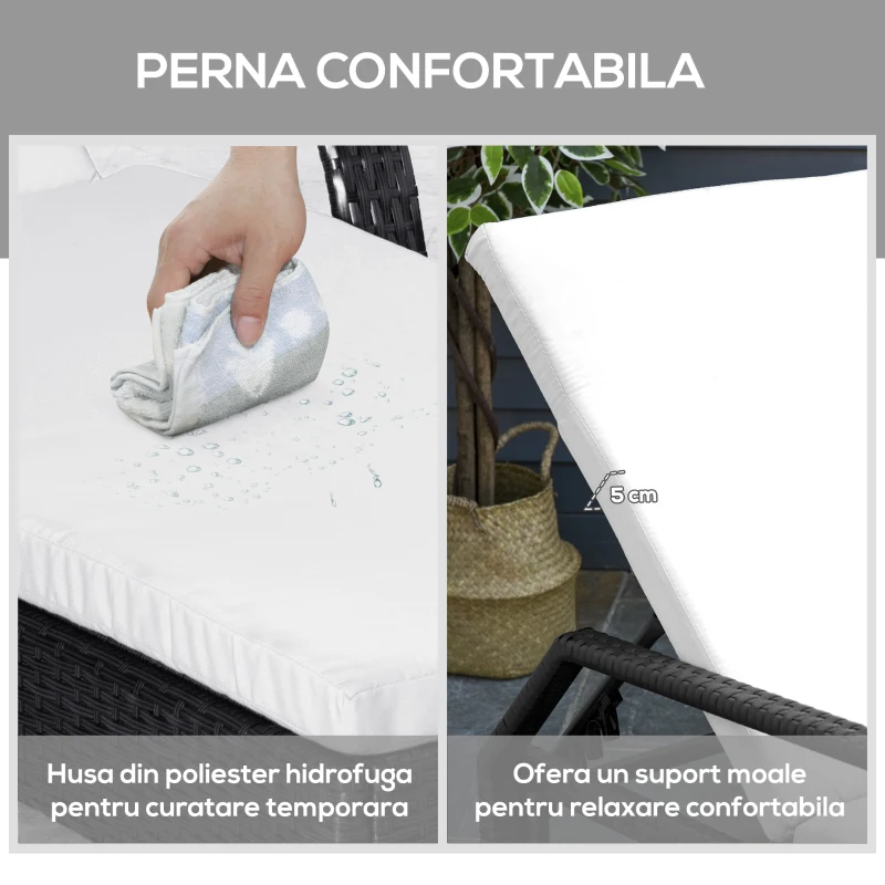 Outsunny Set 2 Sezlonguri in Rattan cu Saltea Captusita si Masuta, Negru