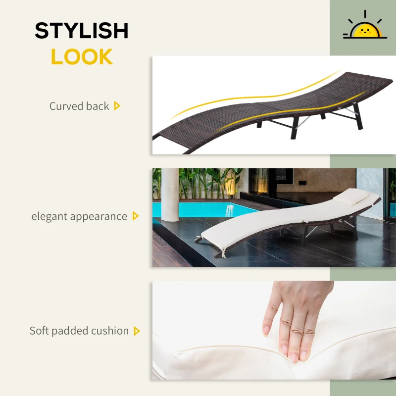 Outsunny Sezlong Scaun de Gradina Ergonomic in Rattan cu Saltea Detasabila, Alb, 196x61x53cm