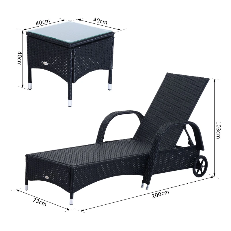 Outsunny Set 2 Sezlonguri in Rattan cu Saltea Captusita si Masuta, Negru