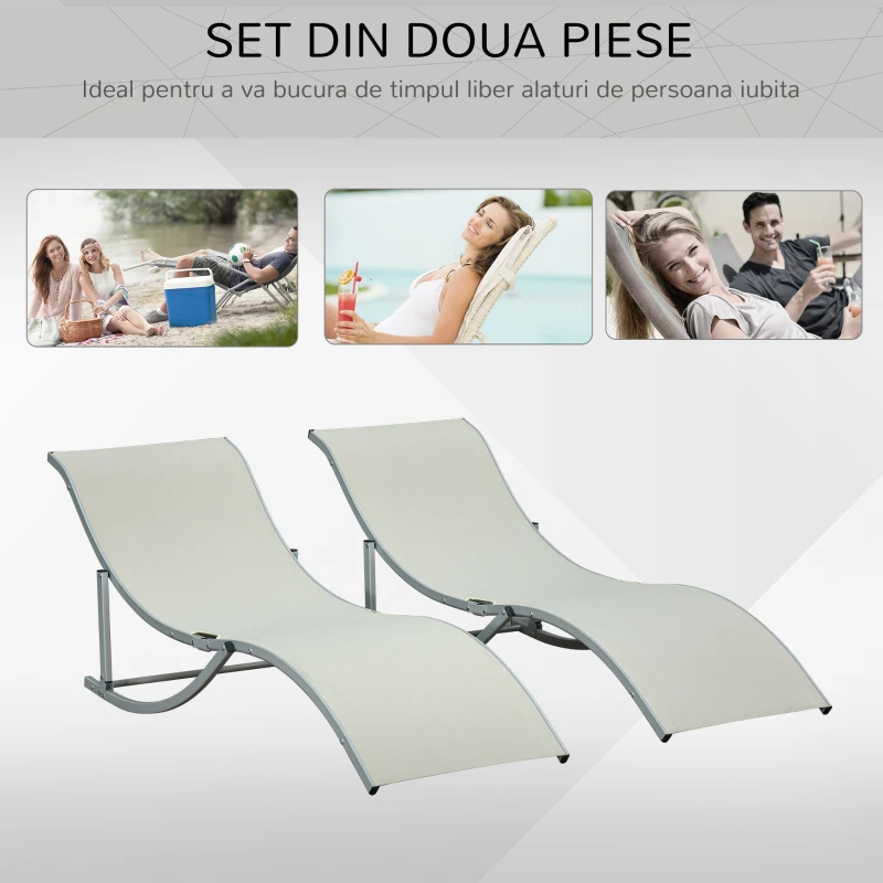 Outsunny Set de 2 Sezlonguri de Gradina Pliabile din Aluminiu si Textilen Bej