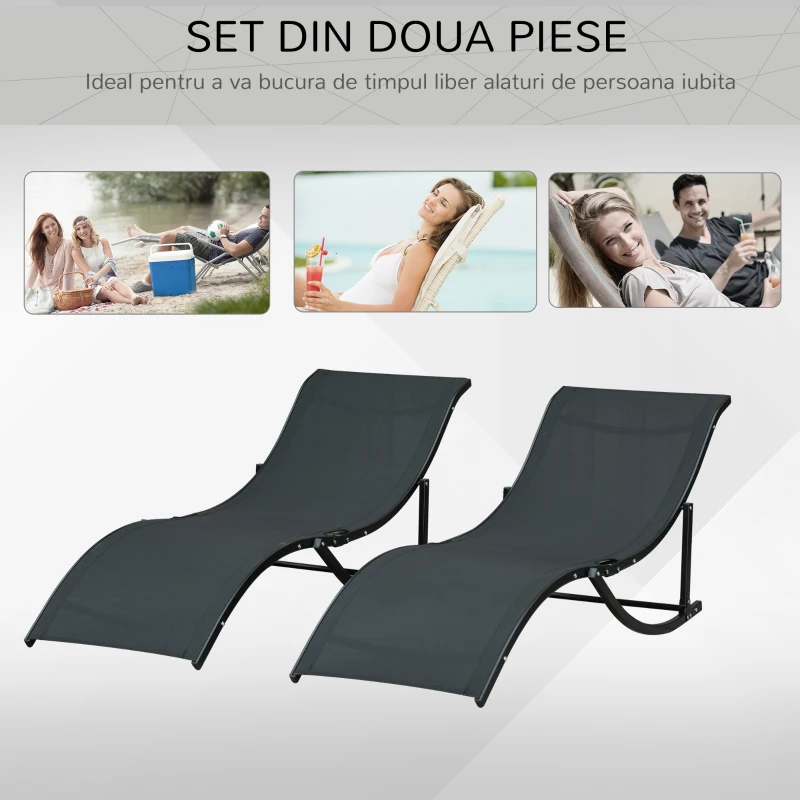 Outsunny Set 2 Sezlonguri de Gradina Pliabile, Sezlong pentru plaja din Aluminiu si Textilen, 61x165x63cm, negru