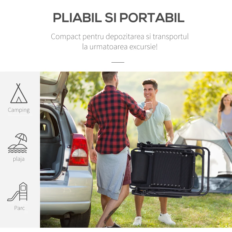 Outsunny Set Mobilier de Gradina 2 Scaune Rabatabil si Masuta Reglabila Pliabila,Tesatura de Textilen, Negru