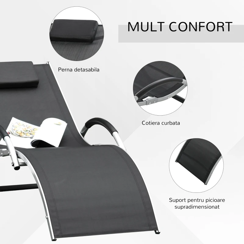 Outsunny Sezlong pentru Plaja din Aluminiu, Sezlong de Gradina din Textilen cu Tetiera Detasabila