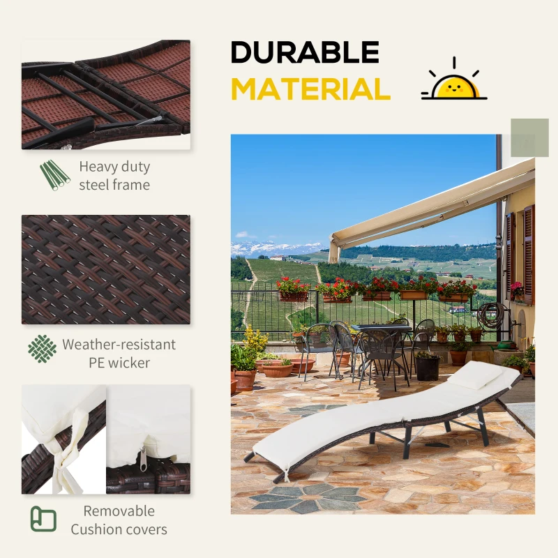 Outsunny Sezlong Scaun de Gradina Ergonomic in Rattan cu Saltea Detasabila, Alb, 196x61x53cm