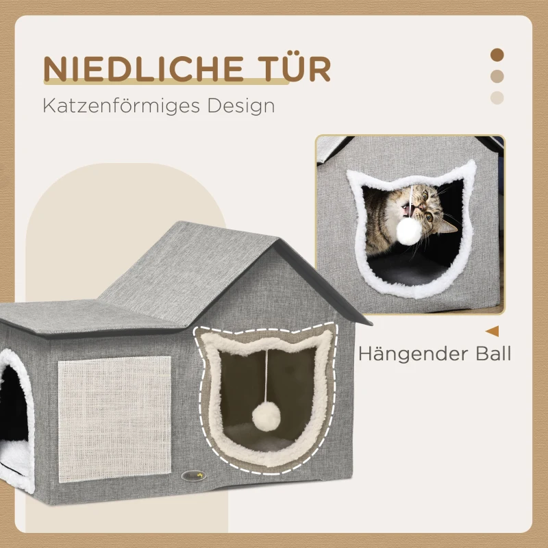 PawHut Kattenhuis met krasoppervlak, inclusief speelgoedbal, kattengrot, 65 cm x 41 cm x 45,5 H cm, bruin+wit+beige