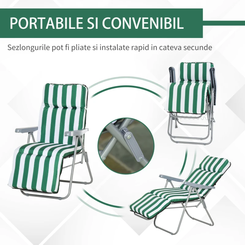 Outsunny Set 2 sezlonguri de Gradina pentru Plaja cu Brate Reclinabile, Alb si Verde