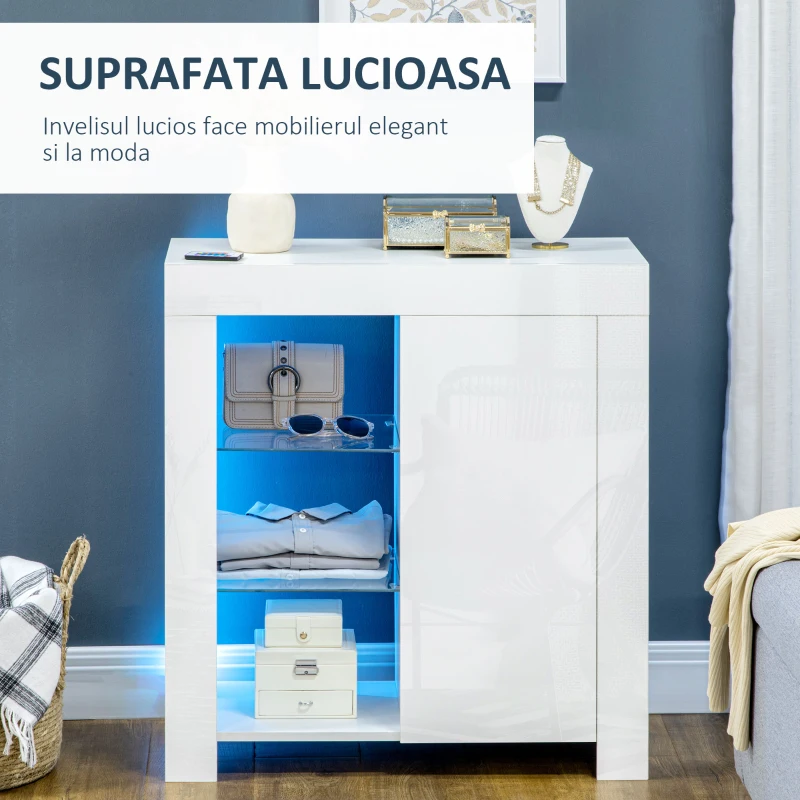 HOMCOM Dulap de Depozitare cu Lumini LED, Unitate de Afisare Moderna cu Rafturi Deschise si Usa pentru Sufragerie, Dormitor, Alb