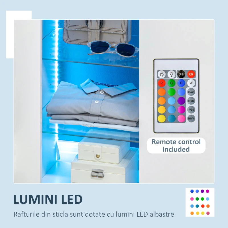 HOMCOM Dulap de Depozitare cu Lumini LED, Unitate de Afisare Moderna cu Rafturi Deschise si Usa pentru Sufragerie, Dormitor, Alb