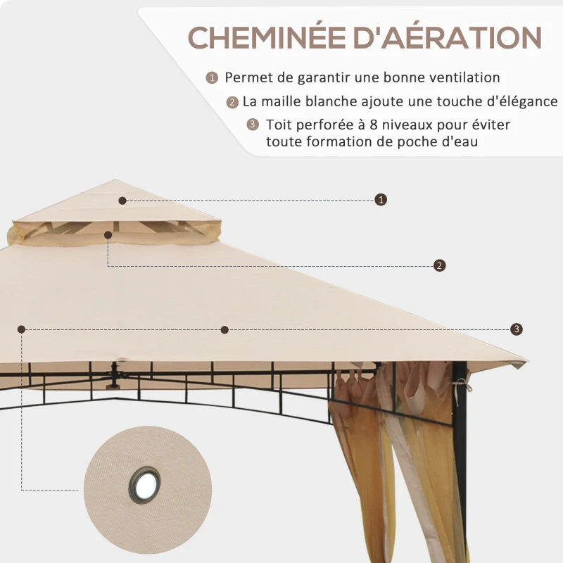 Outsunny Tonnlle de jardin Barnum Pavillion de jardin 3 x 3 Double Toit avec moustiquaires Amovibles  imperméable Beige