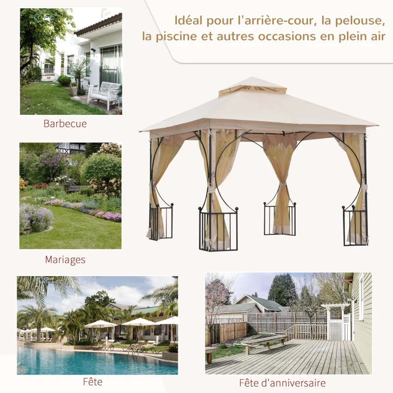 Outsunny Tonnlle de jardin barnum pavillion de jardin 3 x 3 double toit avec moustiquaires amovibles imperméable beige