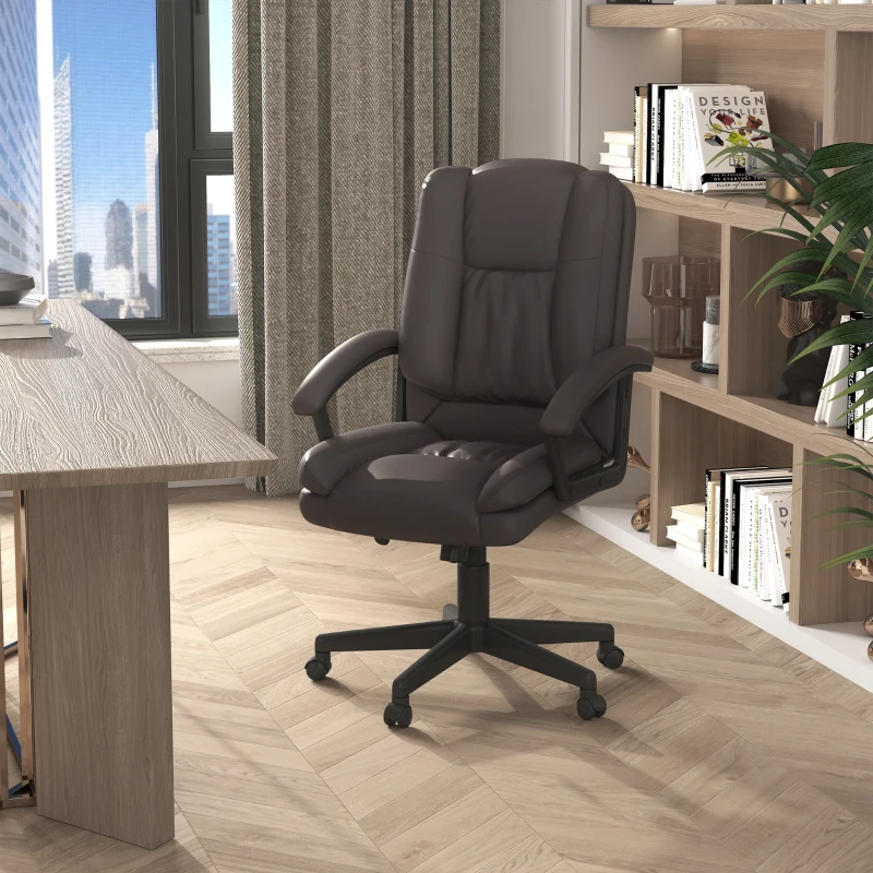 HOMCOM Mid Back Executive Office Chair, Faux Leather Computer Desk Chair with Swivel, Double-Tier Padding, Arm, Wheels, Brown(m-11)