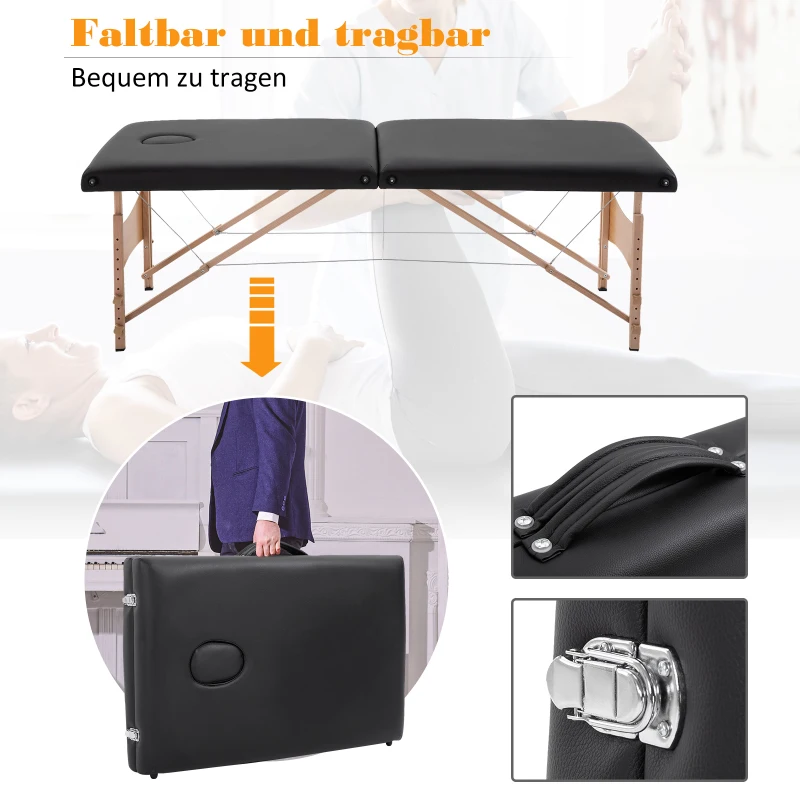 HOMCOM massagebank, mobiele massagetafel, in hoogte verstelbare cosmetische bank, populierenhout, schuimstof, zwart, 186 x 60 x 58-81 cm(m-6)