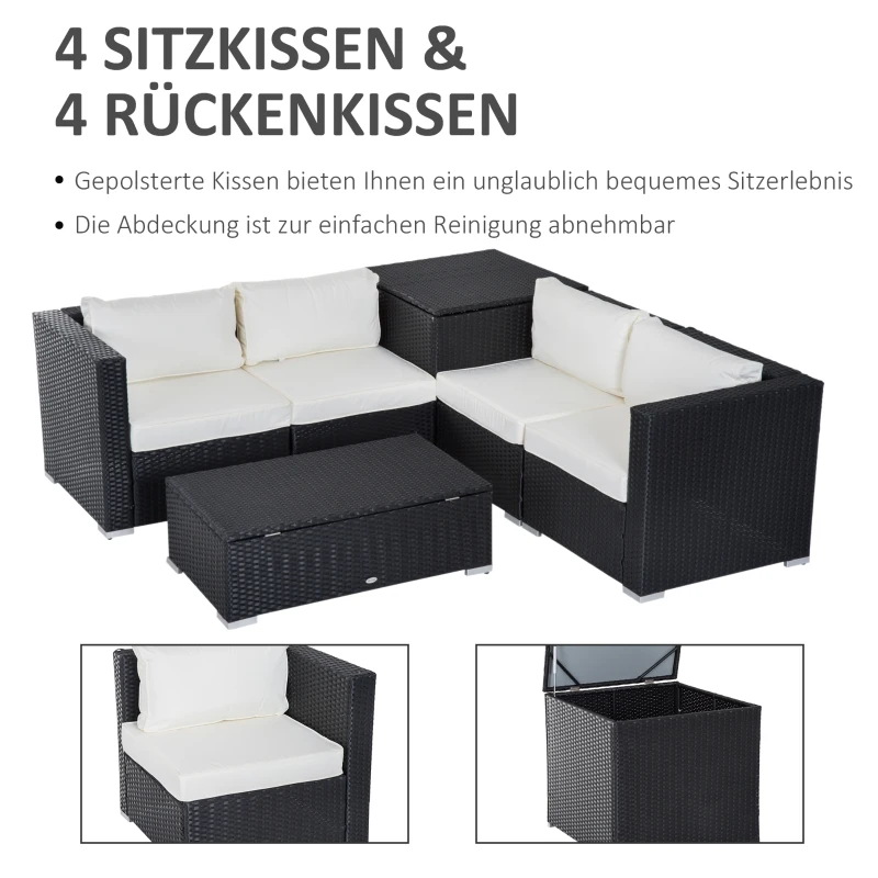 Outsunny Polyrattan Gartenmöbel Set für 4 Personen Sitzgarnitur mit Kissen Sitzgruppe Tisch mit Stauraum Schwarz+Creme