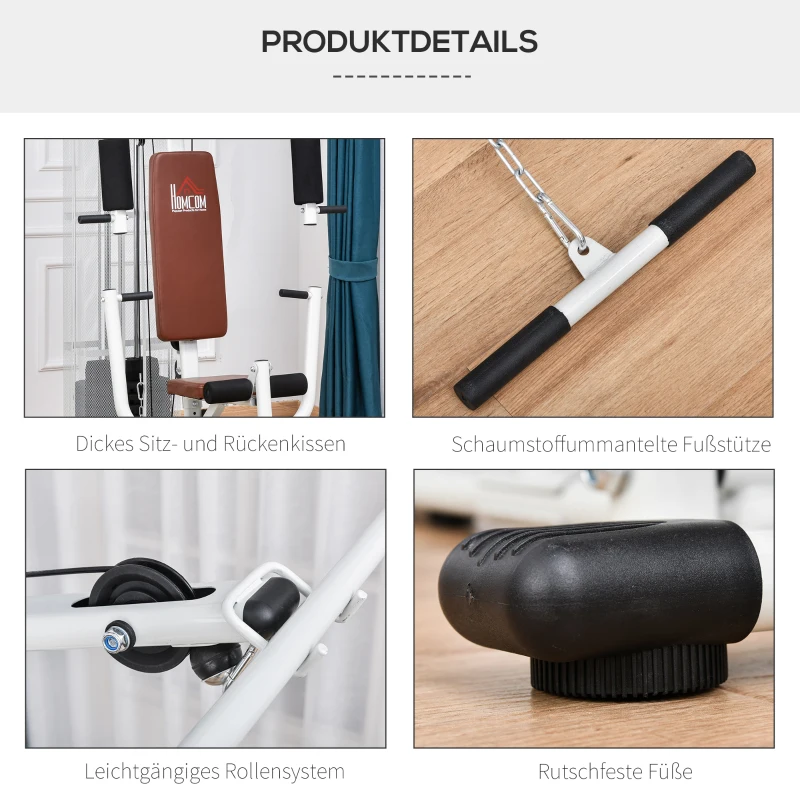 HOMCOM Gym Krachtstation Fitnessstation Multigym Fitnesscentrum Fitnessapparatuur incl. gewichten Latzug Beincurl Metaal PU-kunstleer Wit 150 x 110 x 210 cm