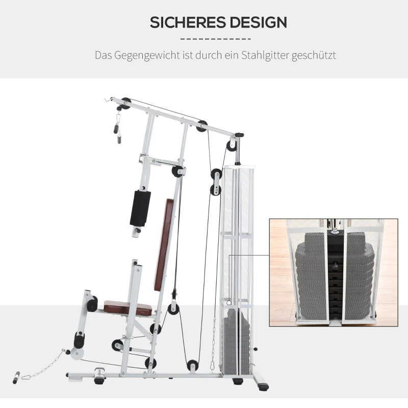 HOMCOM Gym Krachtstation Fitnessstation Multigym Fitnesscentrum Fitnessapparatuur incl. gewichten Latzug Beincurl Metaal PU-kunstleer Wit 150 x 110 x 210 cm