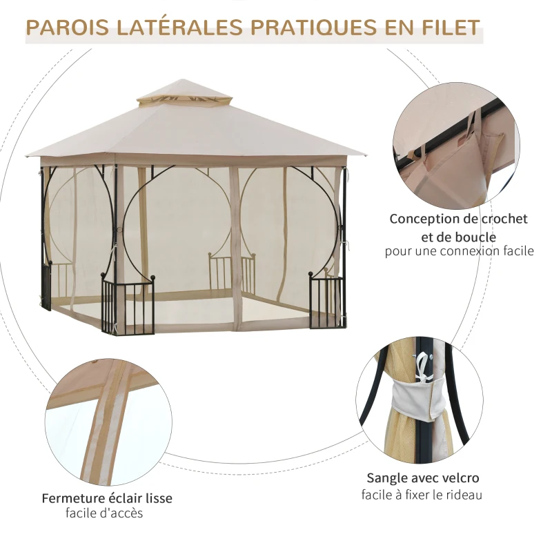 Outsunny Tonnlle de jardin barnum pavillion de jardin 3 x 3 double toit avec moustiquaires amovibles imperméable beige