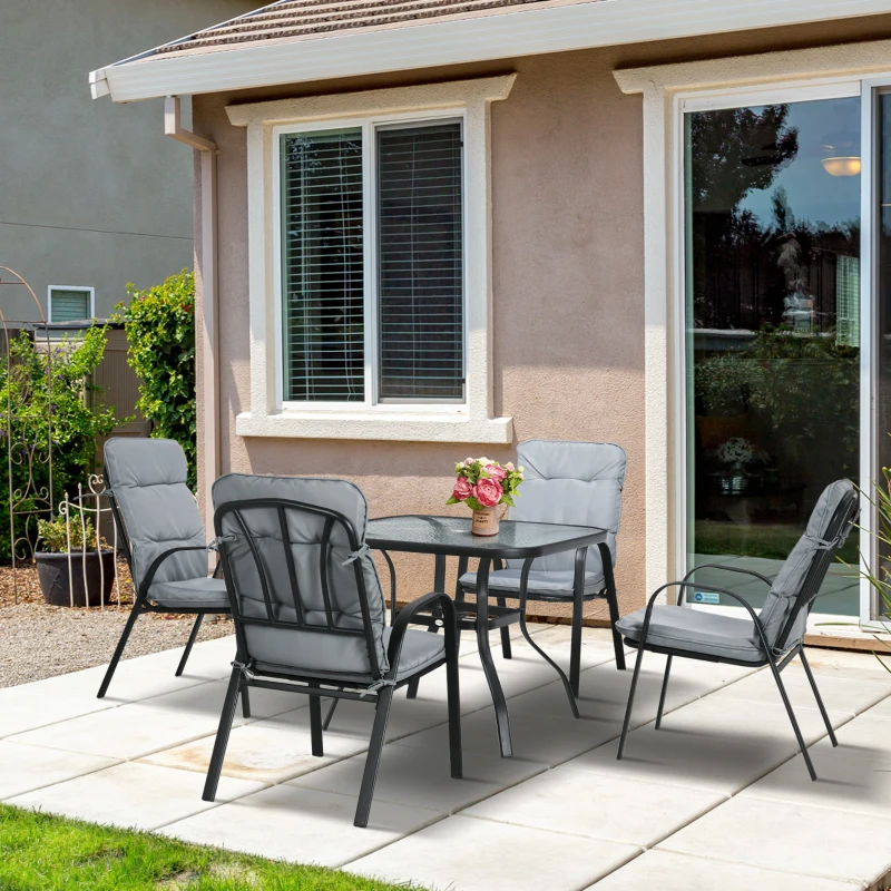 Outsunny 5 Pieces Outdoor Square Garden Dining Set w/ Tempered Glass Dining Table 4 Cushioned Armchairs, Umbrella Hole, Grey