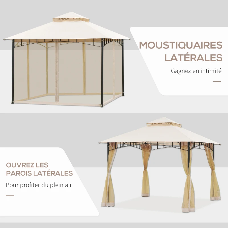 Outsunny Tonnlle de jardin Barnum Pavillion de jardin 3 x 3 Double Toit avec moustiquaires Amovibles  imperméable Beige