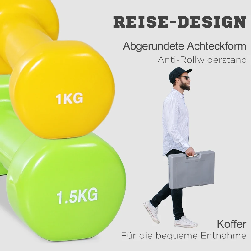 HOMCOM Dumbbell Set 4 Paren met Koffer 0,5 kg/1 kg/1,5 kg/2 kg IJzer+Kunststof Rood Geel Groen Paars