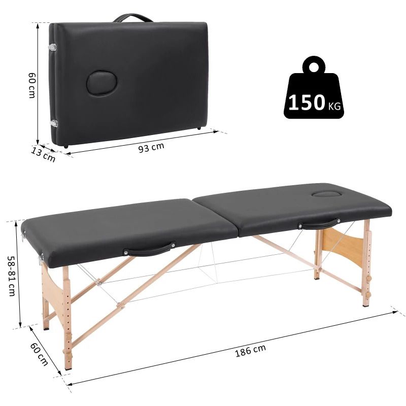HOMCOM massagebank, mobiele massagetafel, in hoogte verstelbare cosmetische bank, populierenhout, schuimstof, zwart, 186 x 60 x 58-81 cm(m-3)