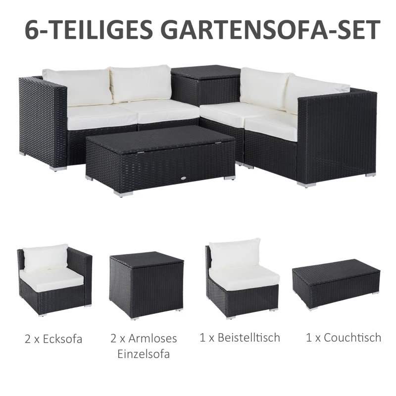 Outsunny Polyrattan Gartenmöbel Set für 4 Personen Sitzgarnitur mit Kissen Sitzgruppe Tisch mit Stauraum Schwarz+Creme