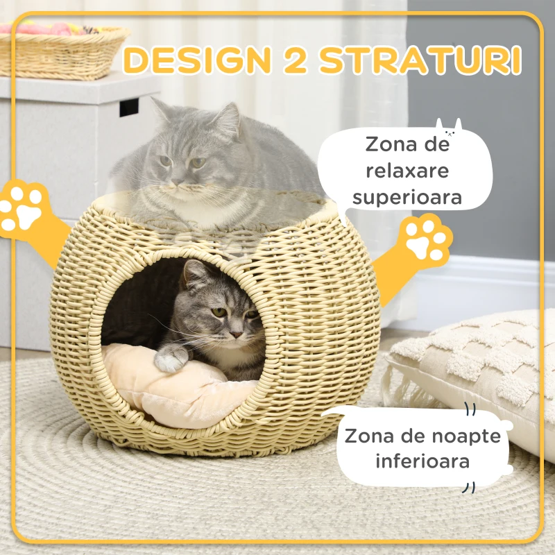 Casuta Pisici 2 Niveluri – Ratan PE cu Perna Lavabila Ø40×30 cm