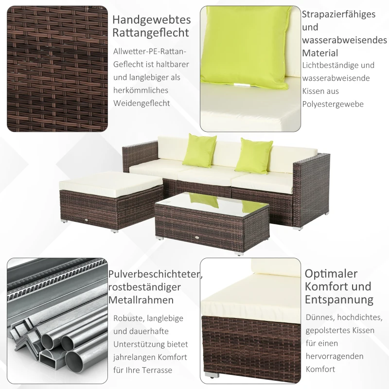 Outsunny Gartenmöbelset 4.tlg., PE-Rattan, Gartensitzgruppe für 3 Personen, abnehmbare Polster, Creme + Braun