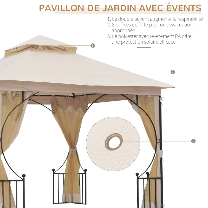 Outsunny Tonnlle de jardin barnum pavillion de jardin 3 x 3 double toit avec moustiquaires amovibles imperméable beige