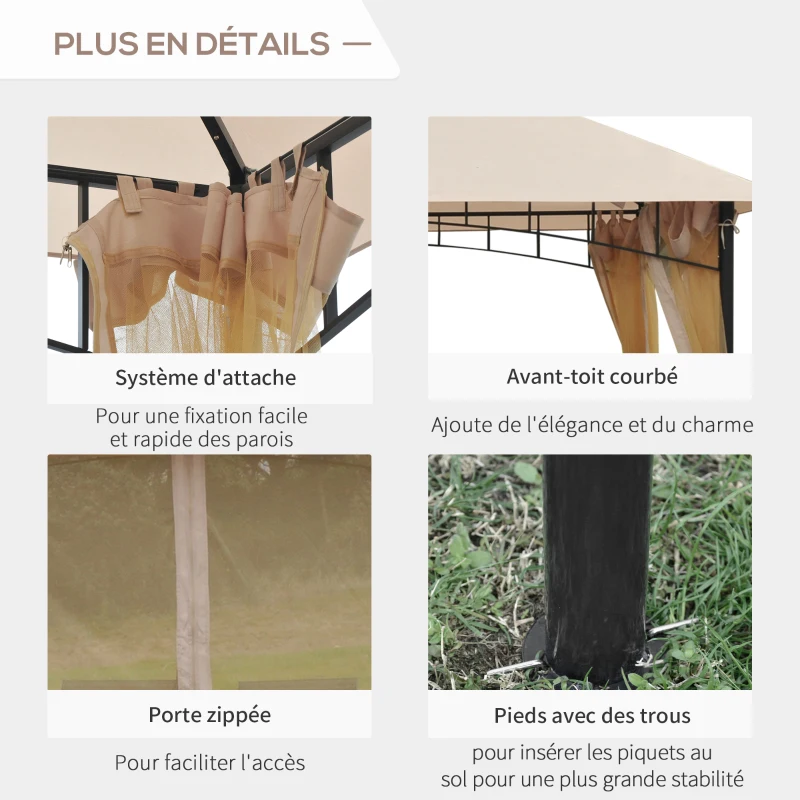 Outsunny Tonnlle de jardin Barnum Pavillion de jardin 3 x 3 Double Toit avec moustiquaires Amovibles  imperméable Beige