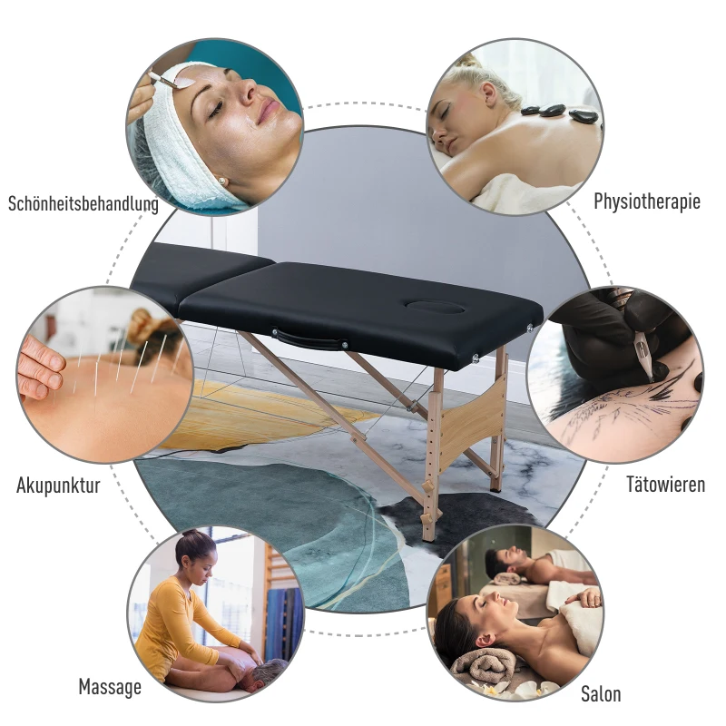 HOMCOM massagebank, mobiele massagetafel, in hoogte verstelbare cosmetische bank, populierenhout, schuimstof, zwart, 186 x 60 x 58-81 cm(m-7)
