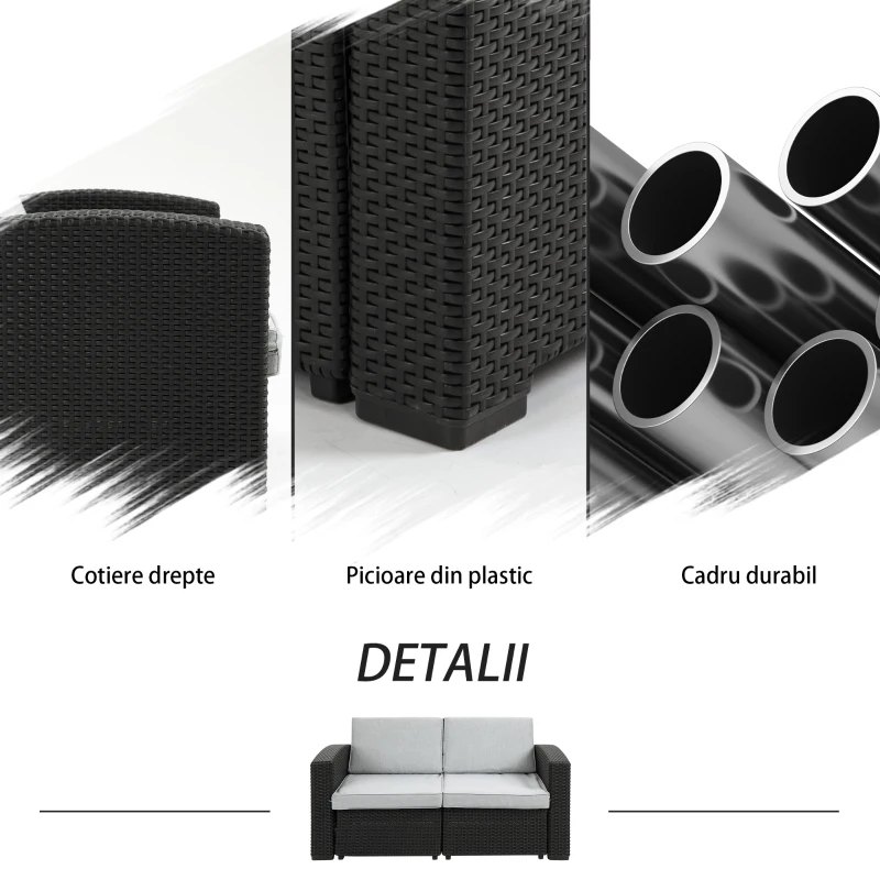 Outsunny Canapea de Exterior cu 2 Locuri din Plastic PP cu Efect de Ratan, Canapea de Gradina cu Perne Detasabile si Lavabile, Gri si Negru