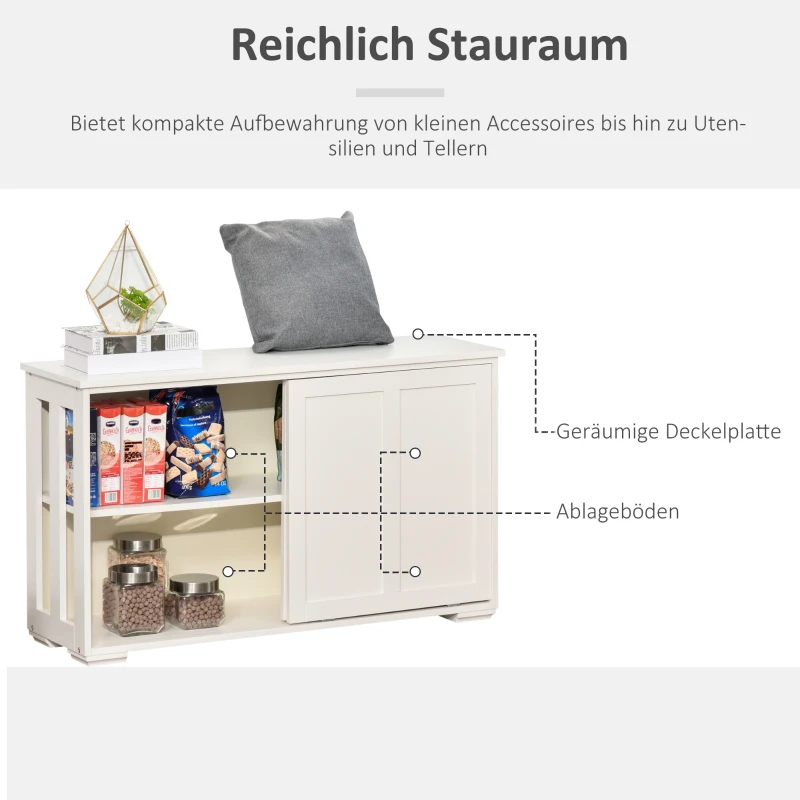 HOMCOM Küchenschrank Sideboard mit 2 Einlegeböden Schiebetüren Kommode verstellbaren Ablagen Aufbewahrungsschrank Kippsicheres Design gute Belüftung MDF Weiß 106,5x33x63 cm