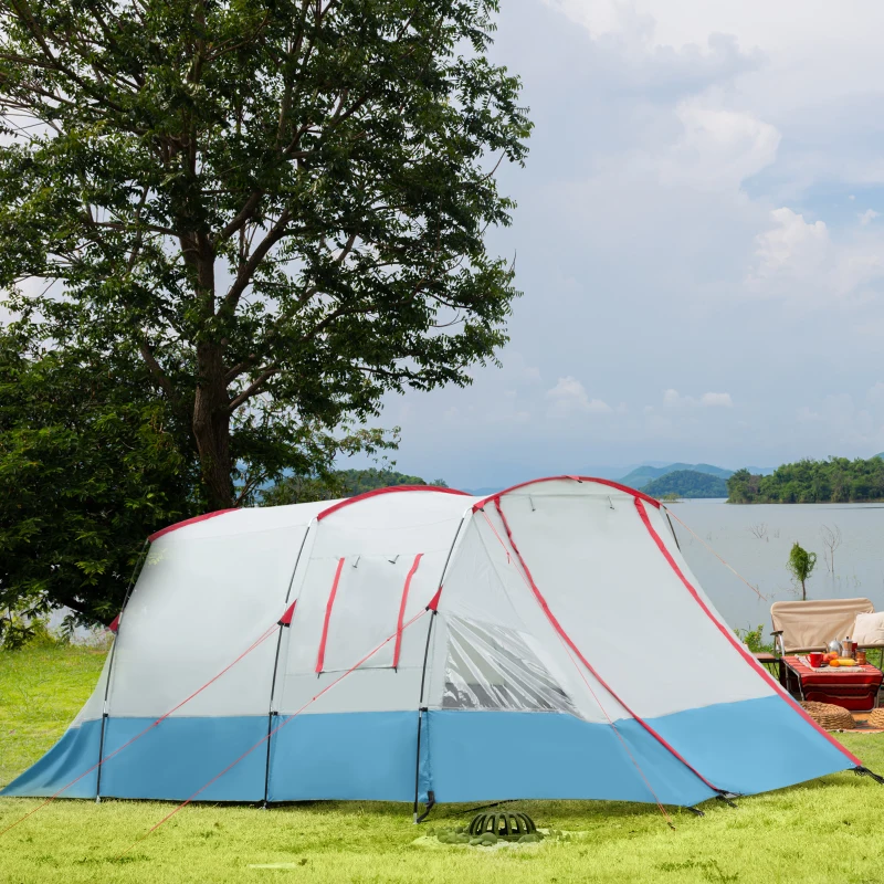 Outsunny 6-8 Person Tunnel Tent, Camping Tent with Bedroom, Living Room, Sewn-in Floor, 3 Doors and Carry Bag, 2000mm Water Column for Fishing, Hiking, Sports, and Traveling, Blue