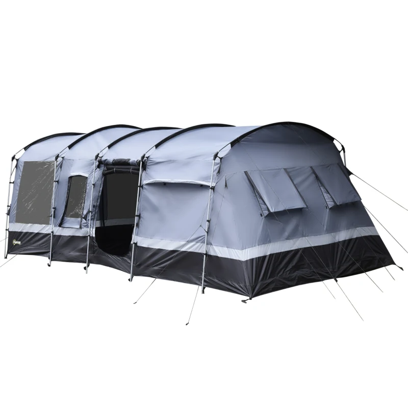 Outsunny 8-Person Camping Tent, Waterproof Family Tent, Tunnel Design, 4 Large Windows, Sleeping Cabins 3000mm Water Column Grey