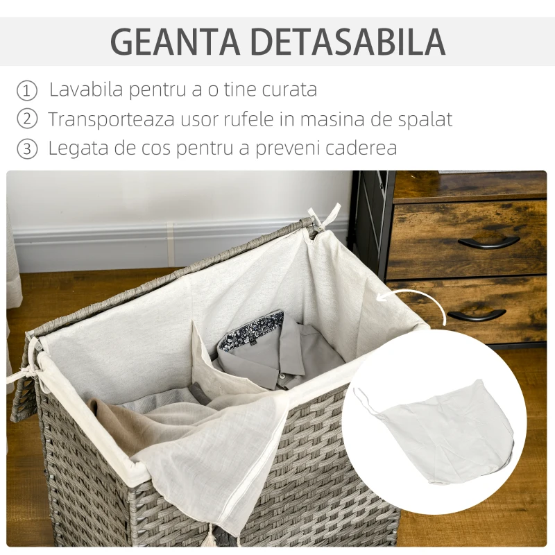 HOMCOM Cos de rufe din ratan cu capac, cos de rufe 100 litri cu 2 sectiuni si geanta detasabila lavabila, cos de spalat, 56,5 x 33 x 61 cm, gri