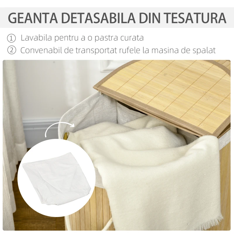 HOMCOM Cos de rufe din bambus cu capac, 100 litri cu 2 sectiuni, captuseala detasabila lavabila, 62,5 x 37 x 60,5 cm, natural