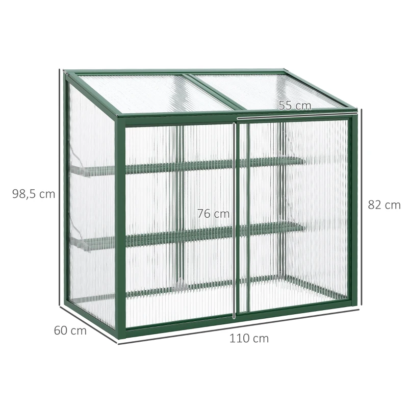 Outsunny Mini serre de jardin en aluminium et polycarbonate avec étagère réglable toit ouvrant 110 x 60 x 82/98,5 cm vert