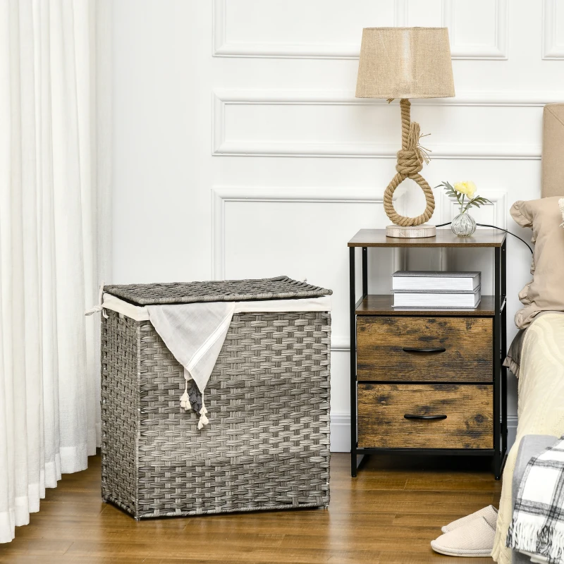 HOMCOM Cos de rufe din ratan cu capac, cos de rufe 100 litri cu 2 sectiuni si geanta detasabila lavabila, cos de spalat, 56,5 x 33 x 61 cm, gri