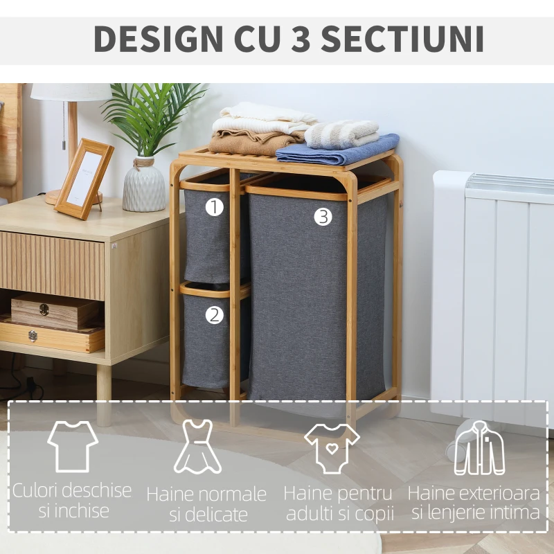 HOMCOM Cos de rufe din bambus , cos de rufe cu 3 pungi glisante din material textil si raft deschis, cos de spalat cu 3 sectiuni, economiseste spatiu, natural