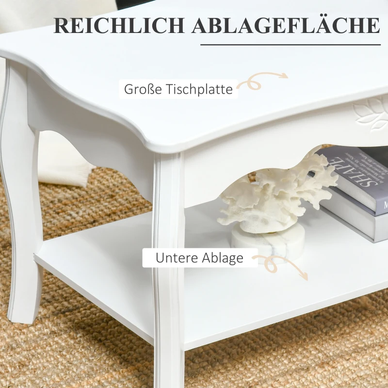 HOMCOM Couchtisch Kaffeetisch mit Ablage Wohnzimmertisch Beistelltisch mit Gravur und gebogenen Beinen Holz Weiß 94x44x43cm