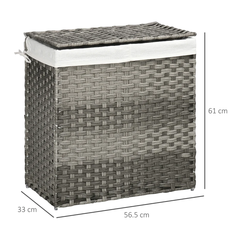HOMCOM Cos de rufe din ratan cu capac, cos de rufe 100 litri cu 2 sectiuni si geanta detasabila lavabila, cos de spalat, 56,5 x 33 x 61 cm, gri