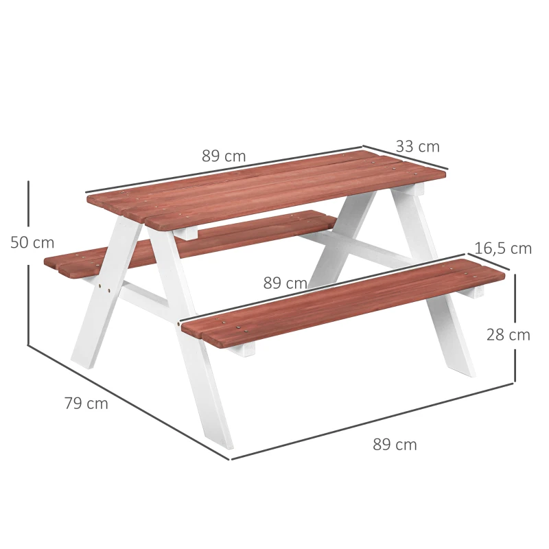 Outsunny Conjunto de Mesa e 2 Bancos Infantil de Madeira Mesa de Piquenique para Crianças de 3-8 Anos 89x79x50 cm Marrom e Branco