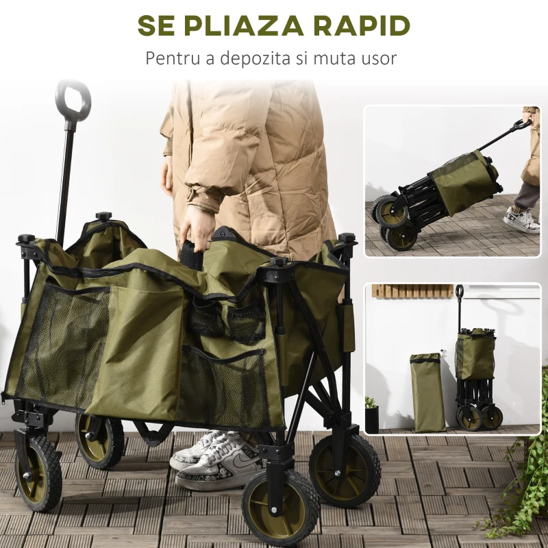 Outsunny Carucior de gradina pliabil cu roti, Carucior de camping pliabil cu placa pliabila, Carucior utilitar pentru exterior cu cadru din otel si material Oxford, verde