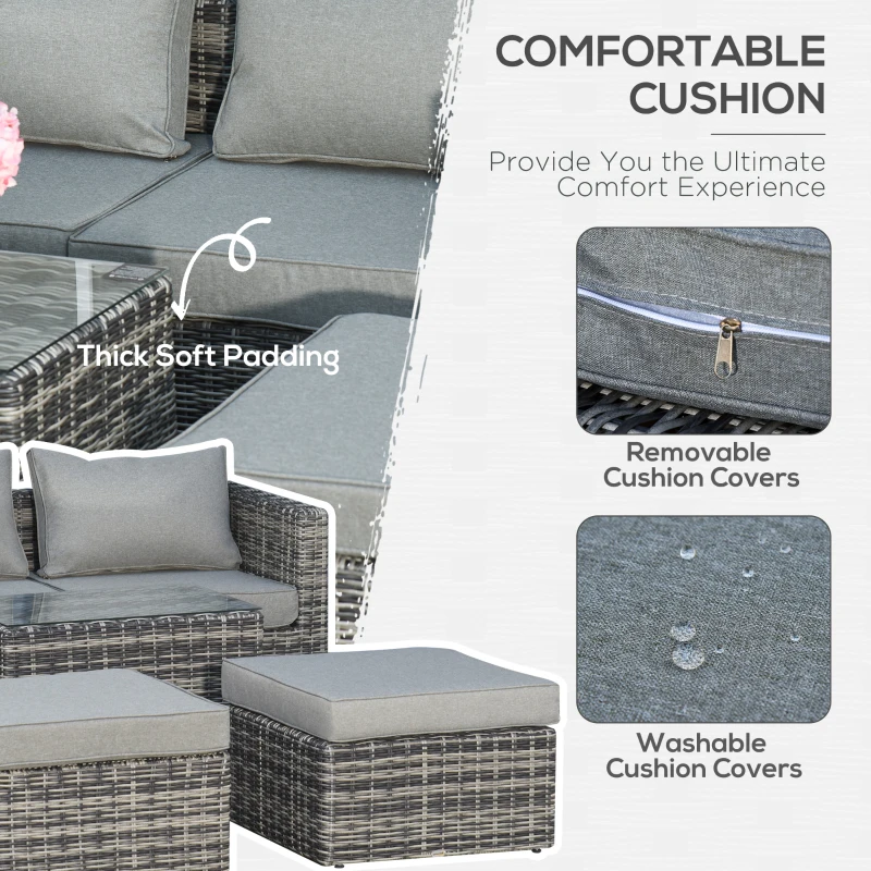 Outsunny 5 Pcs Rattan Garden Furniture with Tall Glass Top Coffee Table Thick Soft Washa Cushions for Patio Balcony Mixed Grey